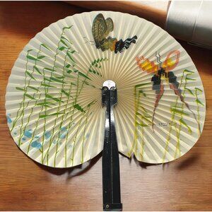 Vintage Chinese Hand Held Folding Fan Butterfly Floral Design Church